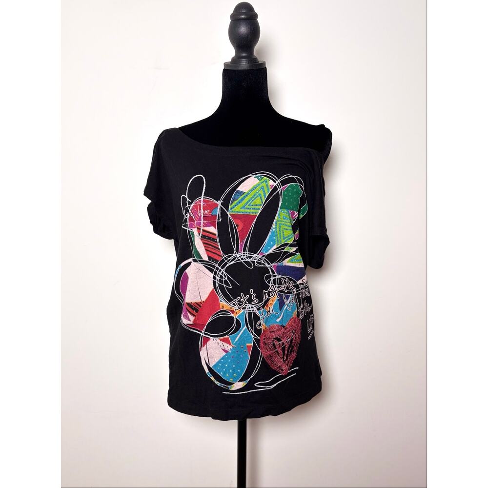 Desigual Black Abstract Sketch Print Red Glitter Heart Detail Top V Neck Back - Picture 2 of 5